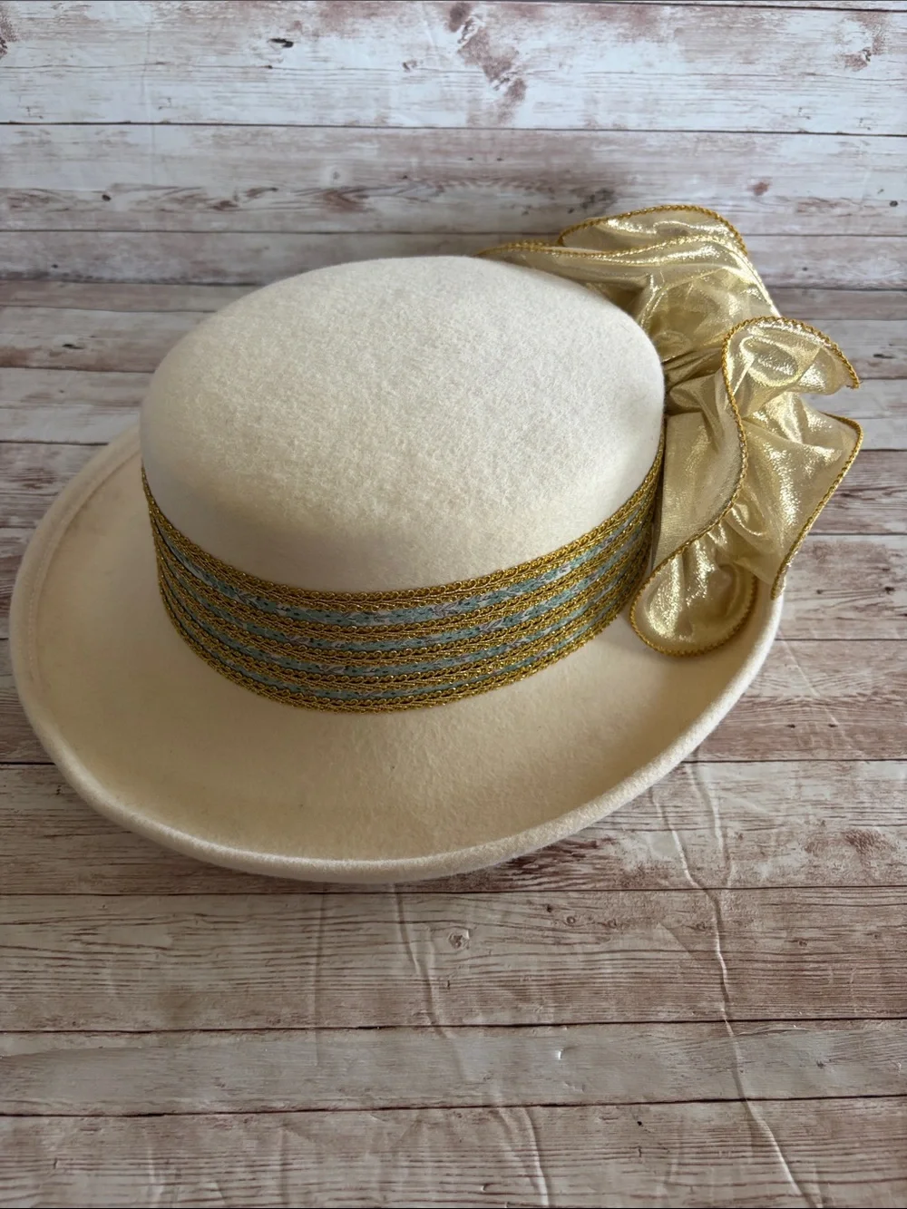 Vintage Ivory Dress Hat with Gold Ribbon Accent - Picture 8 of 10
